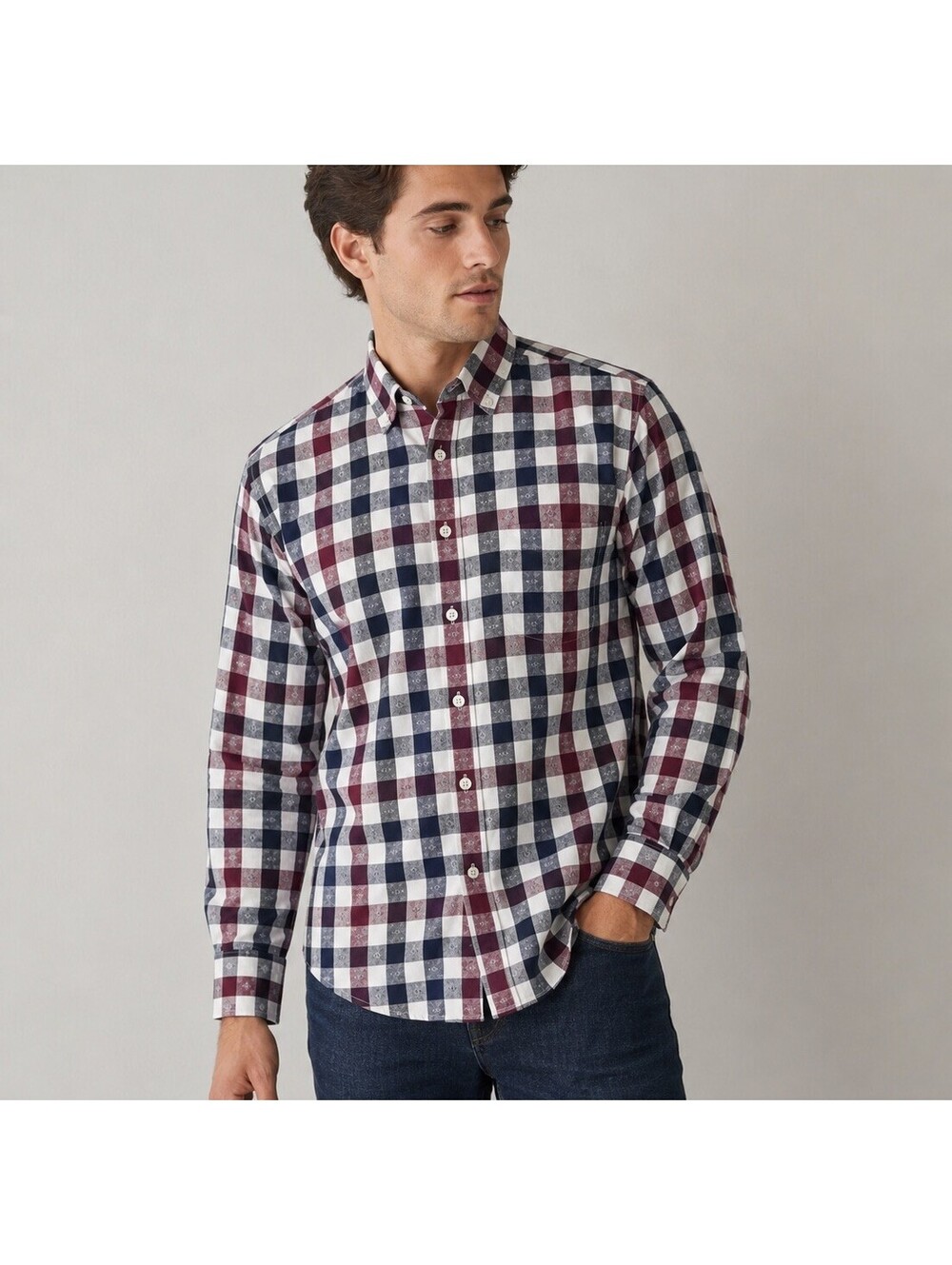 Henry Grethel Men’s Small Cotton Check Button Down Shirt Burgundy Blue White